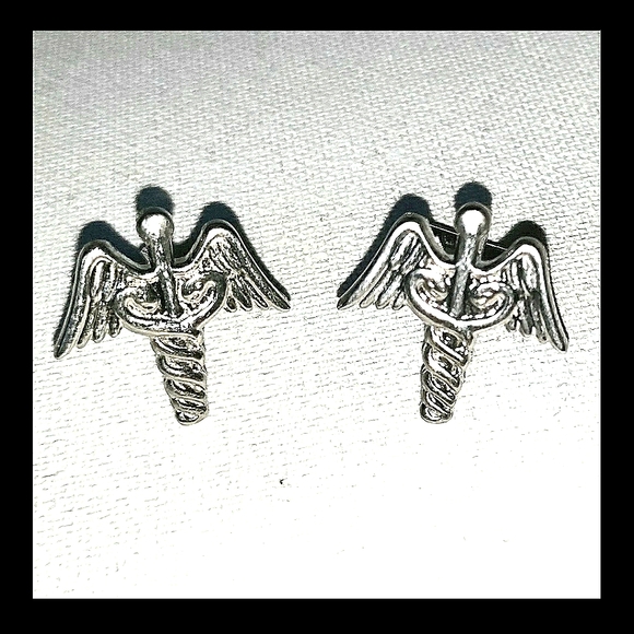 NEW Cufflinks: "Caduceus". Medical Industry. Elevation. Silver-Tone, Bullet Back - Picture 2 of 5